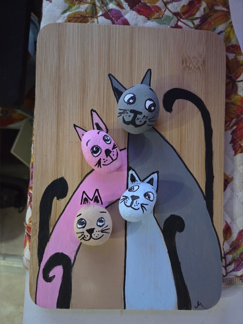 Handmade Decorative Rock Cat Wall Art - Pink, Gray, White, Tan 7x10
